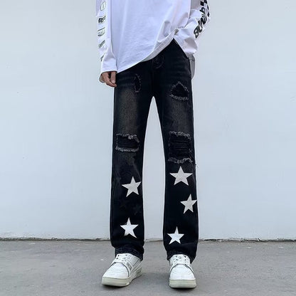 Men Jeans Five-Pointed Star Ripped Jeans Men's Spring Loose Straight Wide-Leg Pants