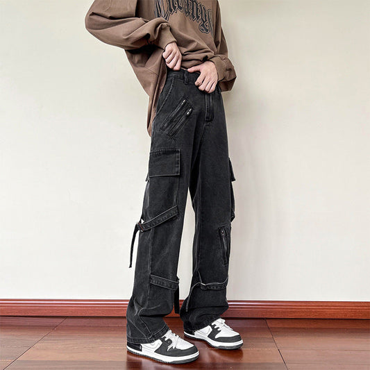 Men Jeans Lace-up Jeans Men's Straight Slim-Fit Zipper Overalls