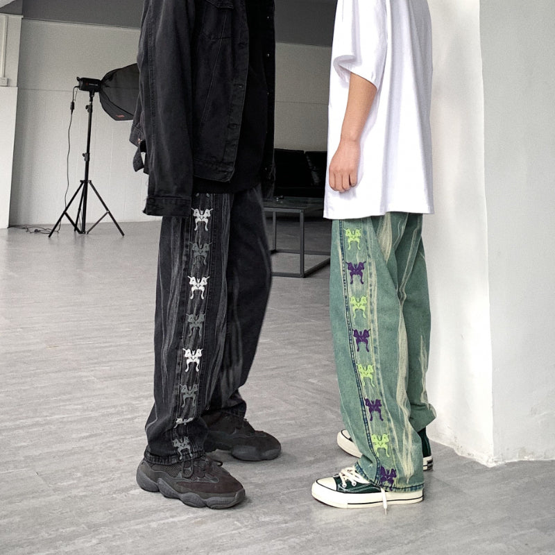 Men Jeans Retro Gradient Butterfly Embroidery Loose Washed-out Straight Wide Leg Pants