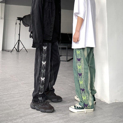 Men Jeans Retro Gradient Butterfly Embroidery Loose Washed-out Straight Wide Leg Pants