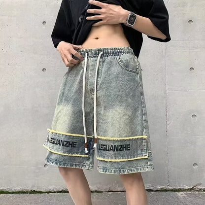 Men Jeans Denim Shorts Men's Washed-out Vintage Straight Wide Leg Pants