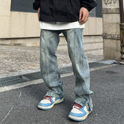 Men Jeans Washed Leg Zipper Men's and Women's Jeans Loose Oversize Straight-Leg Trousers