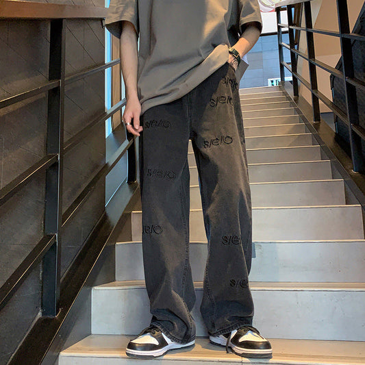 Men Jeans Straight Jeans Men's Spring and Summer Letters Embroidered Wide-Leg Pants