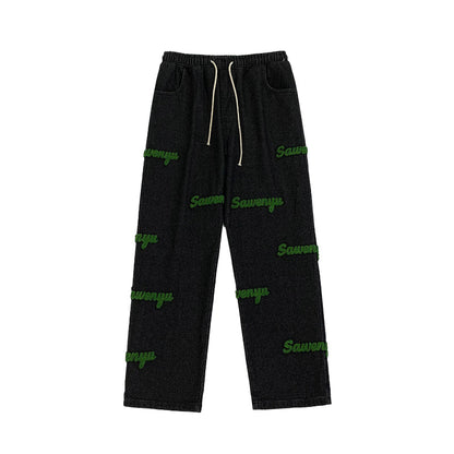Men Jeans Flocking Embroidered Jeans Men's Spring and Autumn Loose Straight-Leg Wide-Leg Pants
