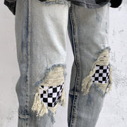 Men Jeans Summer Water Washed Hole Jeans Patch Plaid Pants