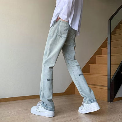 Men Jeans Embroidered Jeans Slim Fit Bootcut Pants