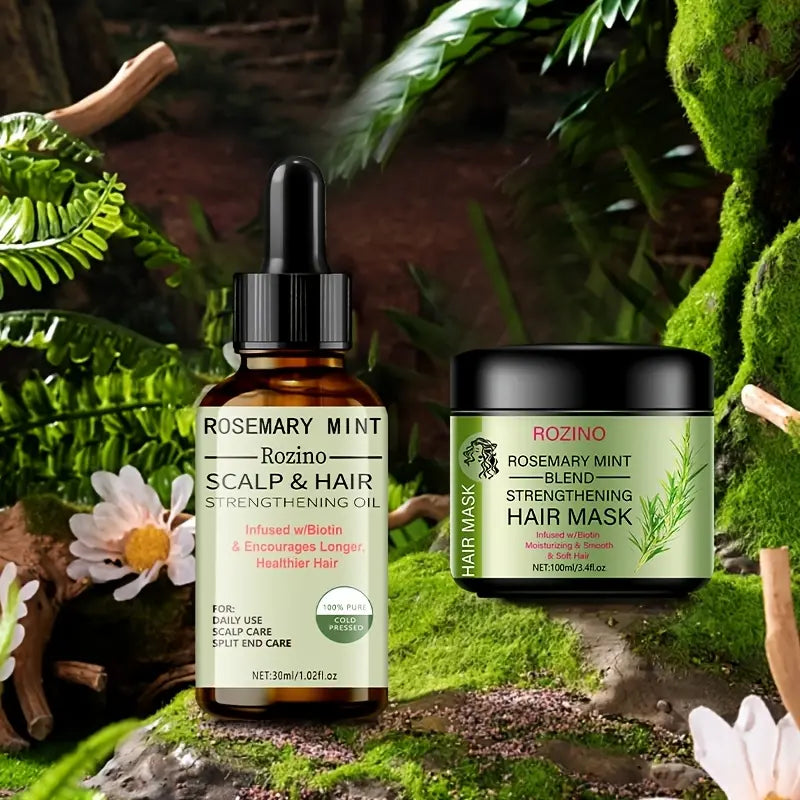 ROZINO Organic Rosemary Hair Mask & Mint Oil Set - Deep Conditioning Treatment for Dry, Damaged Hair with Biotin