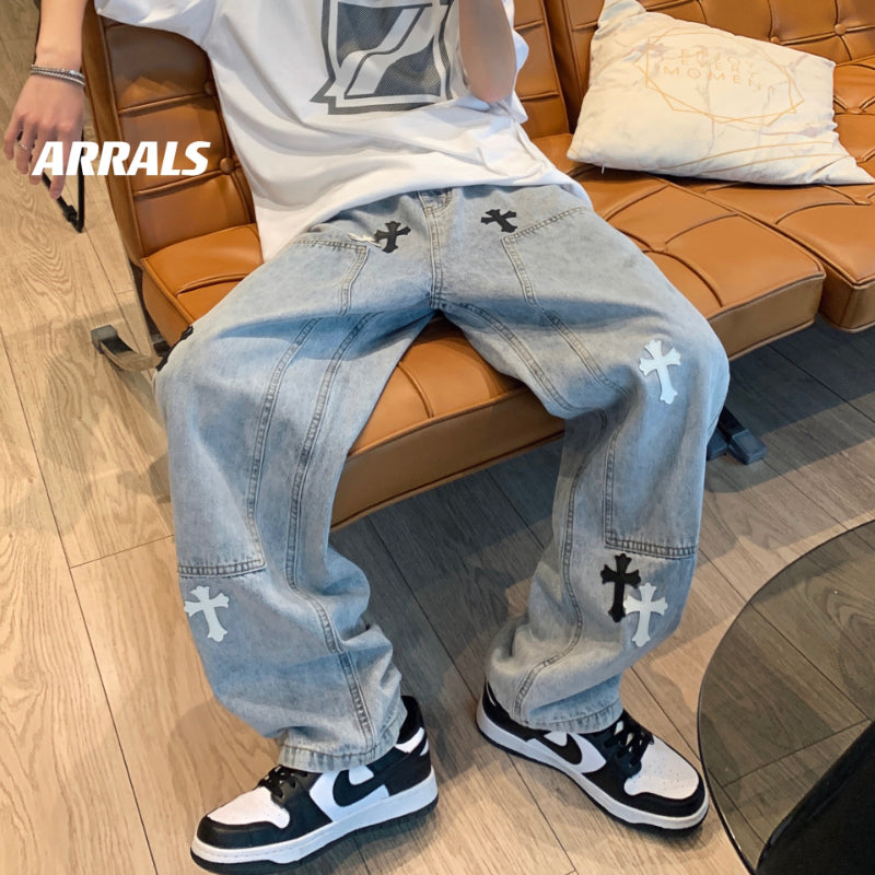 Men Jeans Cross Labeling Jeans Men's Loose Straight Casual Pants