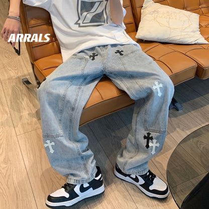 Men Jeans Cross Labeling Jeans Men's Loose Straight Casual Pants