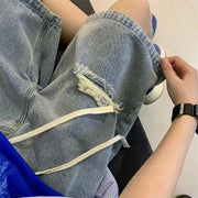 Men Jeans Light Blue Drawstring Ripped Denim Shorts Oversize