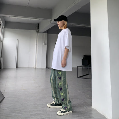 Men Jeans Retro Gradient Butterfly Embroidery Loose Washed-out Straight Wide Leg Pants