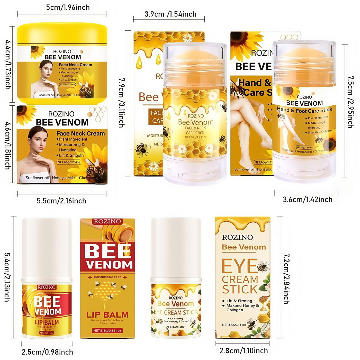 ROZINO 5-Piece Honey Skincare Set - Eye Cream, Lip Balm, Face & Body Moisturizers