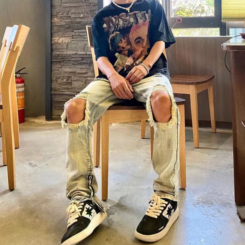 Men Jeans Ripped Jeans Men's Summer Zipper Trousers