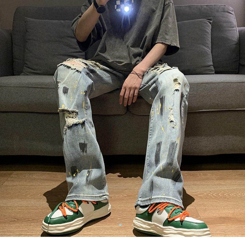 Men Jeans Straight Jeans Summer Ripped Trousers