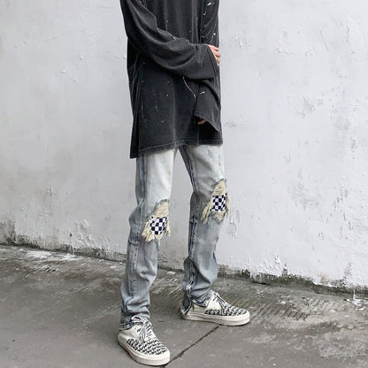 Men Jeans Summer Water Washed Hole Jeans Patch Plaid Pants