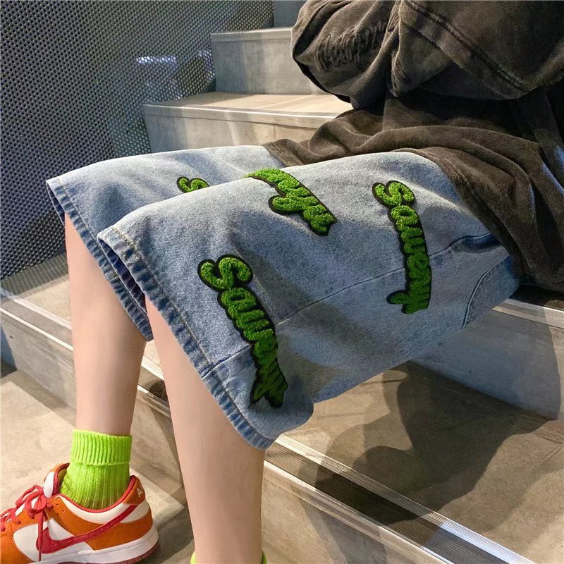 Men Jeans Shorts Summer Loose Casual Pants Retro Cropped Pants