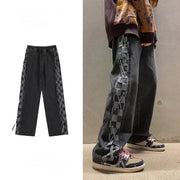 Men Jeans Checkerboard Plaid Jeans Men's Spring and Autumn Straight Loose Wide Leg Pants