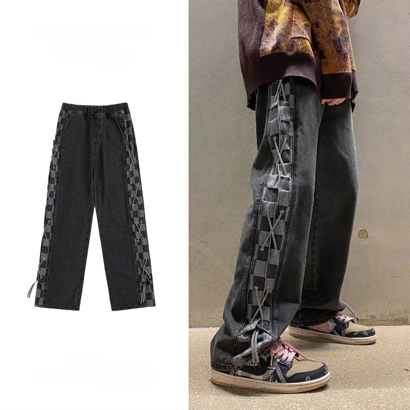 Men Jeans Checkerboard Plaid Jeans Men's Spring and Autumn Straight Loose Wide Leg Pants