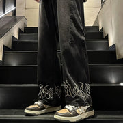 Men Jeans Embroidered Flame Jeans Baggy Straight Trousers