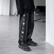 Men Jeans Retro Gradient Butterfly Embroidery Loose Washed-out Straight Wide Leg Pants