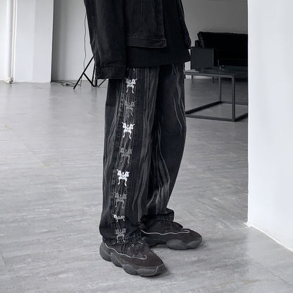Men Jeans Retro Gradient Butterfly Embroidery Loose Washed-out Straight Wide Leg Pants