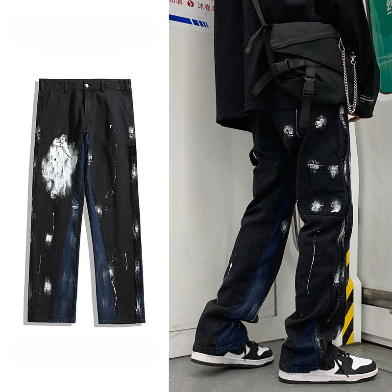 Men Jeans Retro Patchwork Loose Casual Pants