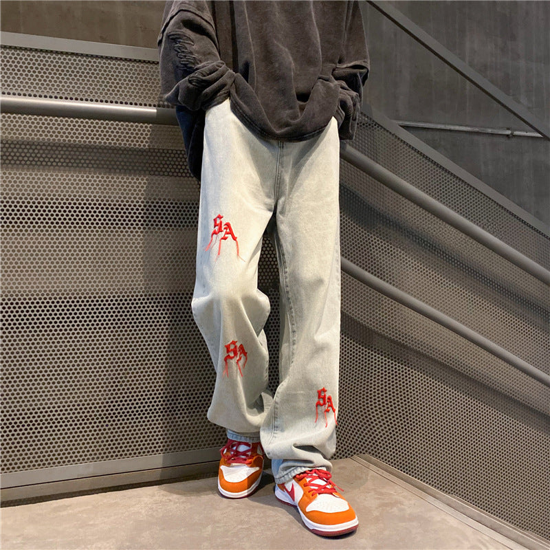 Men Jeans Embroidered Jeans Men's Summer Wide-Leg Straight Pants