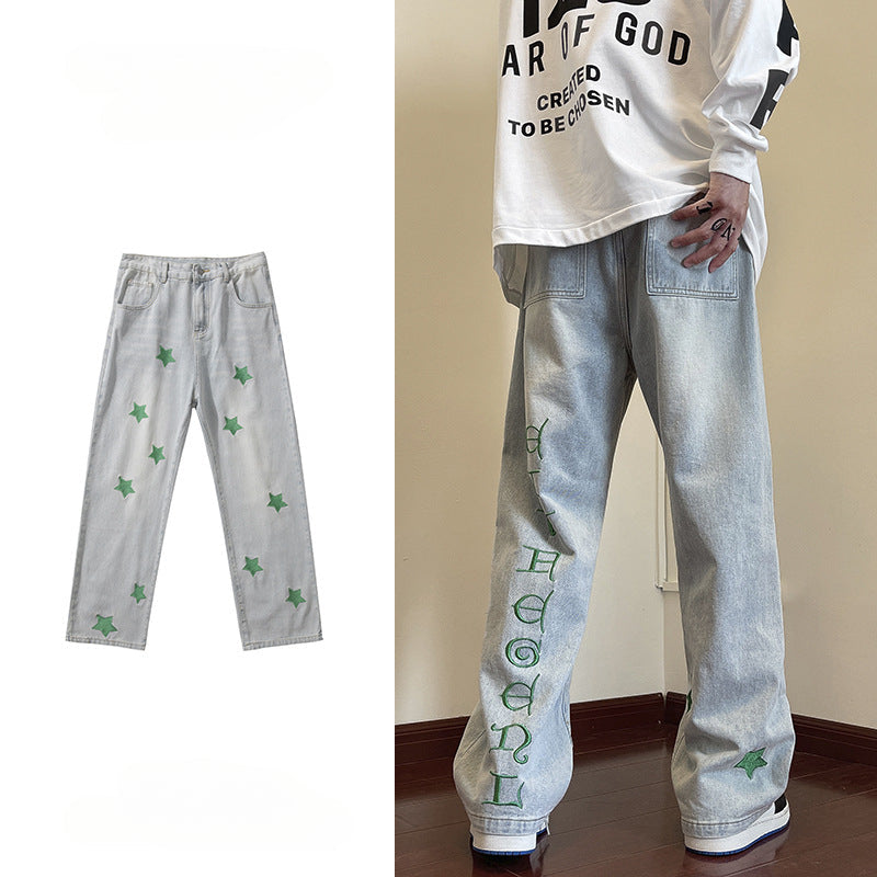 Men Jeans Embroidered Jeans Men's Autumn Oversize Straight-Leg Pants