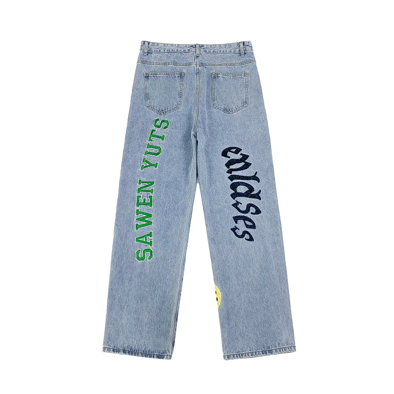 Men Jeans Embroidered Jeans Straight Oldschool Trousers