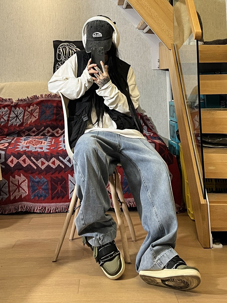 Men Jeans Vintage Jeans Men's Straight Loose Oversize Wide Leg Pants