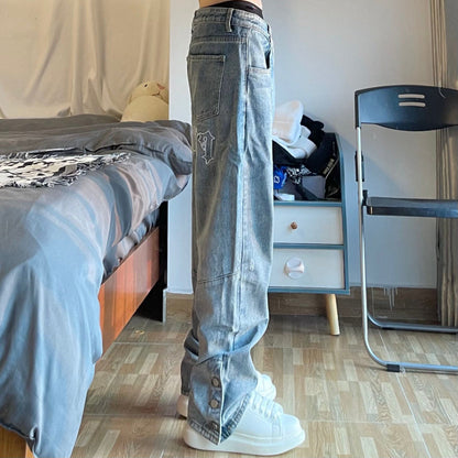 Men Jeans Embroidered Breasted Casual Trousers Loose Hip Hop Jeans