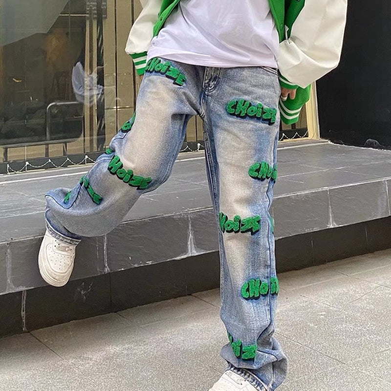 Men Jeans Letter Embroidered Jeans Hiohop Retro Washed Loose Trousers