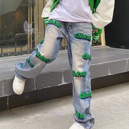 Men Jeans Letter Embroidered Jeans Hiohop Retro Washed Loose Trousers