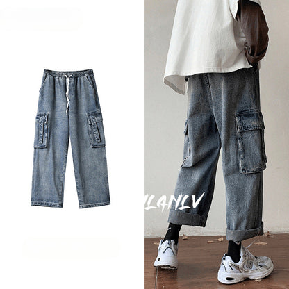 Men Jeans Cargo Jeans Men's Straight Loose Wide Leg Pants Retro Trousers