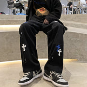 Men Jeans Cross Printed Jeans Men's Loose Straight Wide Leg Pants
