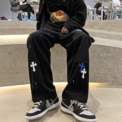 Men Jeans Cross Printed Jeans Men's Loose Straight Wide Leg Pants