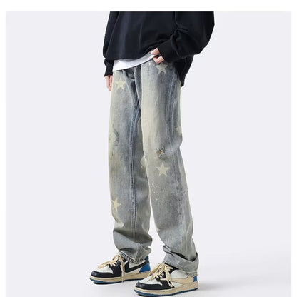 Men Jeans XINGX Printed Jeans Retro Loose Straight-Leg Wide-Leg Pants