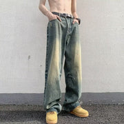 Men Jeans Washed Worn Jeans Loose Wide-Leg Straight Pants