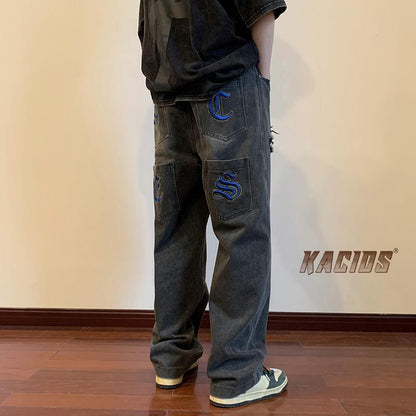 Men Jeans Embroidered Jeans Ripped Men's Summer Baggy Straight Trousers