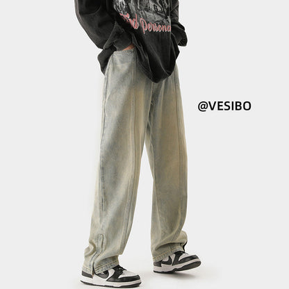 Men Jeans Retro Distressed Straight-Leg Pants Autumn Loose Casual Pants