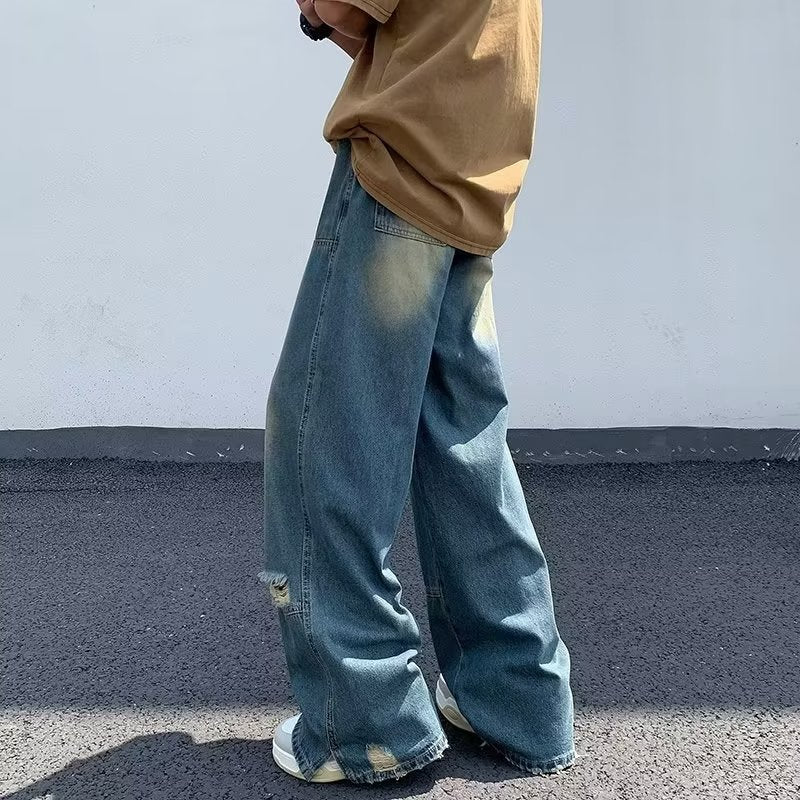 Men Jeans Washed Make Old Ripped Jeans Summer Baggy Straight Trousers