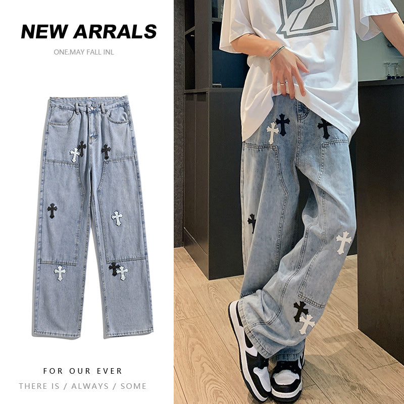 Men Jeans Cross Labeling Jeans Men's Loose Straight Casual Pants