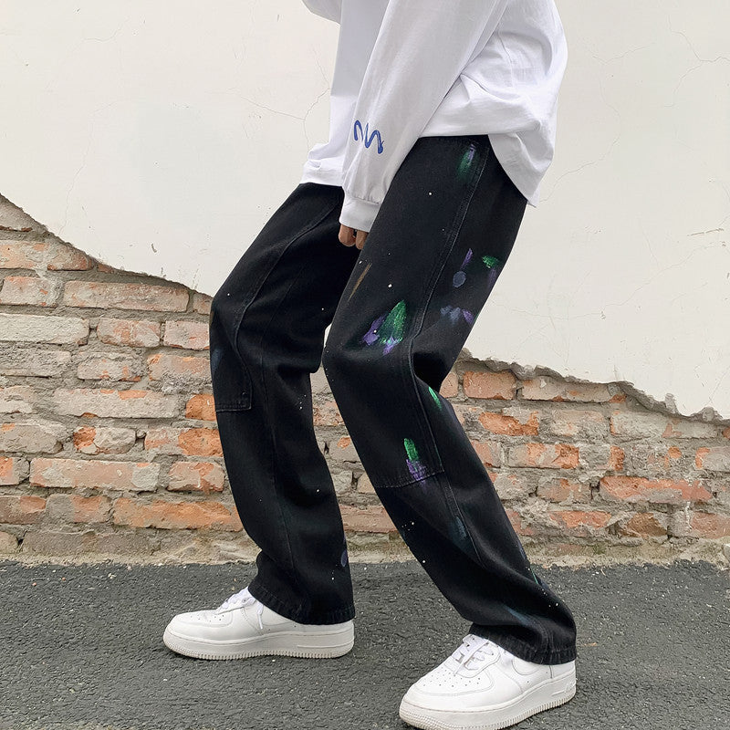 Men Jeans Splash-Ink Jeans Men's Autumn Baggy Straight Trousers Casual Trousers