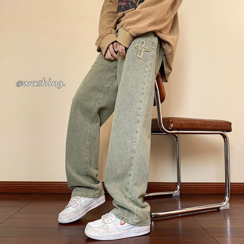 Men Jeans Embroidered Jeans Straight-Leg Pants