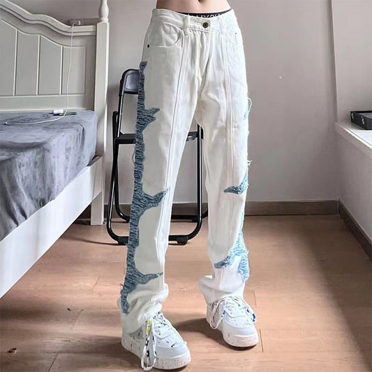 Men Jeans Patchwork Jeans Male Hiphop Loose Straight Trousers