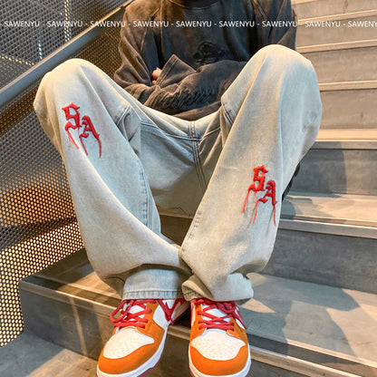 Men Jeans Embroidered Jeans Men's Summer Wide-Leg Straight Pants