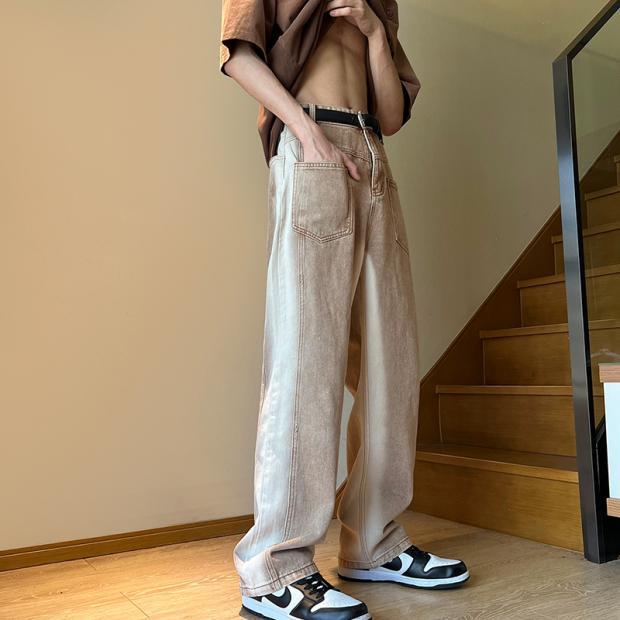 Men Jeans Vintage Multi-Pocket Jeans Oldschool Pants Loose Wide Leg Pants