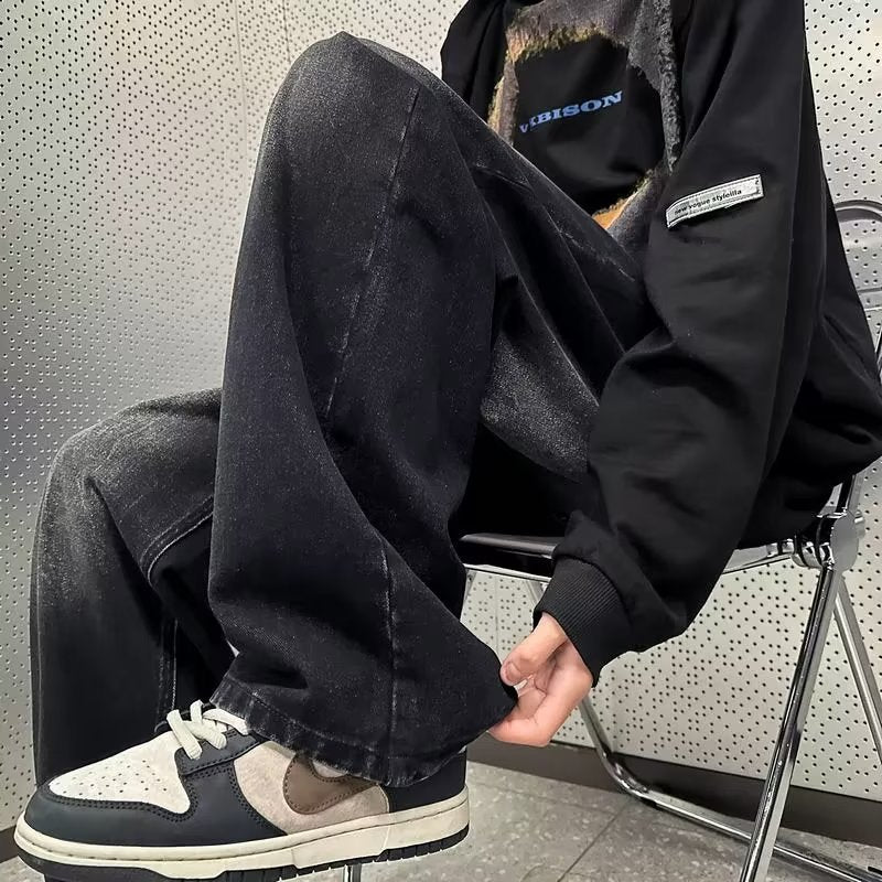 Men Jeans Washed Straight Jeans Spring and Autumn Loose Wide Leg Summer Casual Pants