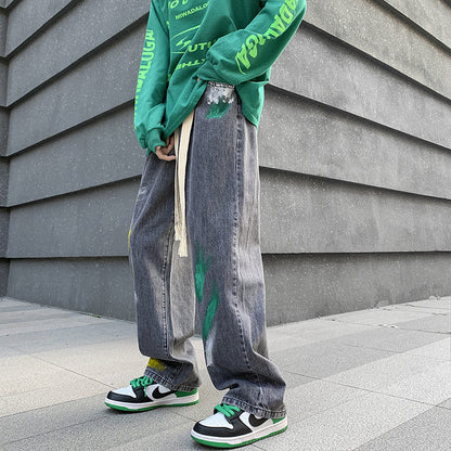 Men Jeans Graffiti Jeans Spring Straight-Leg Pants Loose-Fitting Wide-Leg Trousers