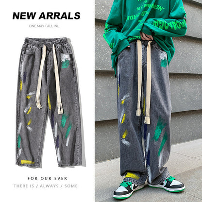 Men Jeans Graffiti Jeans Men's Spring and Autumn plus Size Hip Hop Wide-Leg Pants Straight Loose